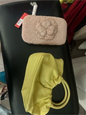 Beaded Floral Clutch and Lime Green Top-Handle Bag Set
